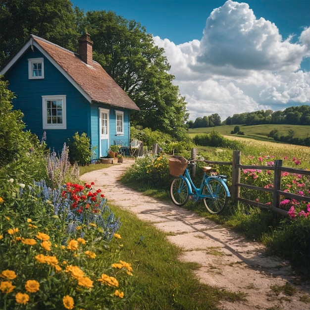 Photo a blue house with a blue house and a bicycle leaning against a fence