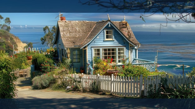 a blue house with a blue house on the front and a fence with a white fence