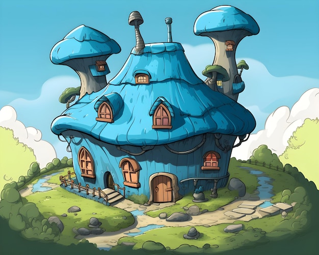 A blue house with a blue roof and a mushroom house on a green hill.