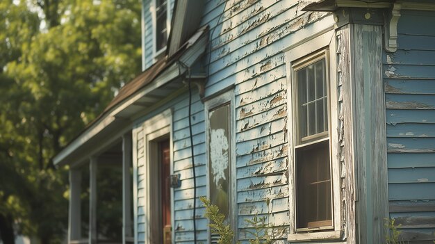 Photo blue house with a broken window and a broken window