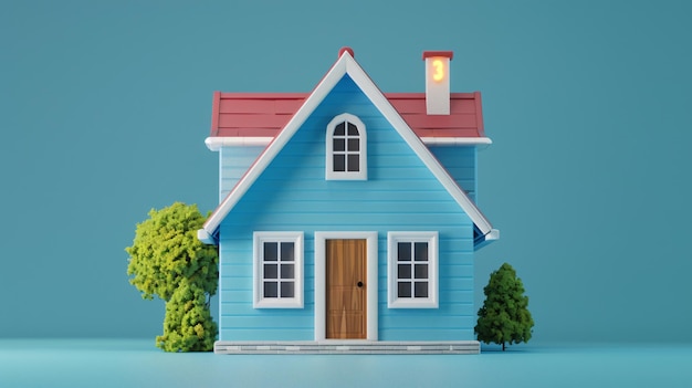 a blue house with a red roof and a blue house with a red roof