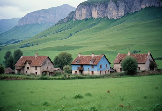 Photo a blue house with a red roof is in a green field