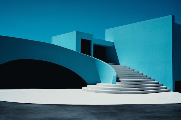 A blue house with stairs and a blue wall