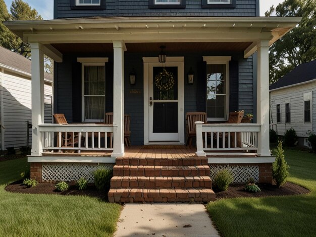 Photo a blue house with a white porch and a porch with a white railing