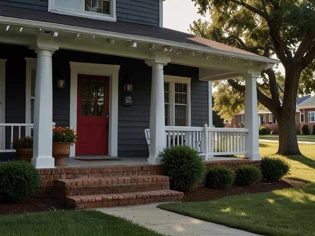 Photo a blue house with a white porch and a red door