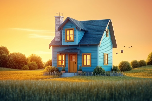 A blue house with a yellow roof and a yellow sky in the background.