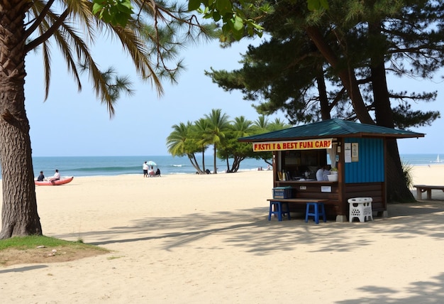 a blue hut with a sign that sayss a restauranton it