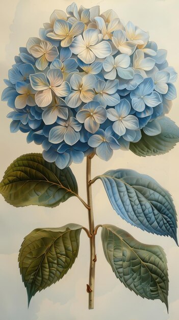 Blue hydrangea blossom with detailed leaves on display