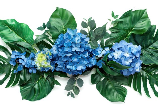 Photo blue hydrangea and chrysanthemum floral arrangement with tropical leaves