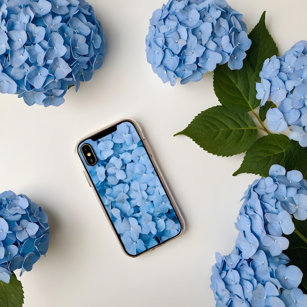 a blue hydrangea phone is laying on a white surface with blue flowers