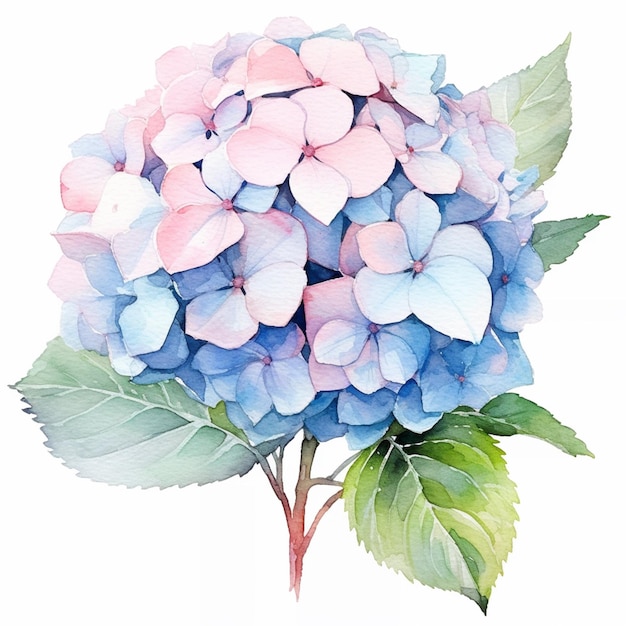 A blue hydrangea with green leaves