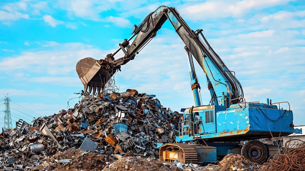 Blue hydraulic claw crane used for picking up scrap metal at a recycling yard