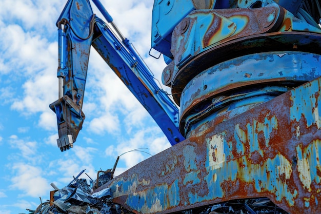 Blue hydraulic Clow Crane used for picking up scrap metal at recycling yard