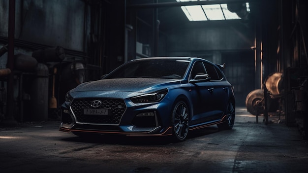 A blue hyundai i30 is parked in a warehouse.