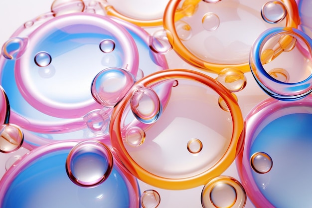 Blue ice pink orange and white abstract liquid background with yellow and purple lines and circles