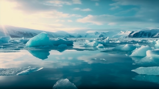 A blue iceberg floating in a body of water with a cloudy sky in the background.