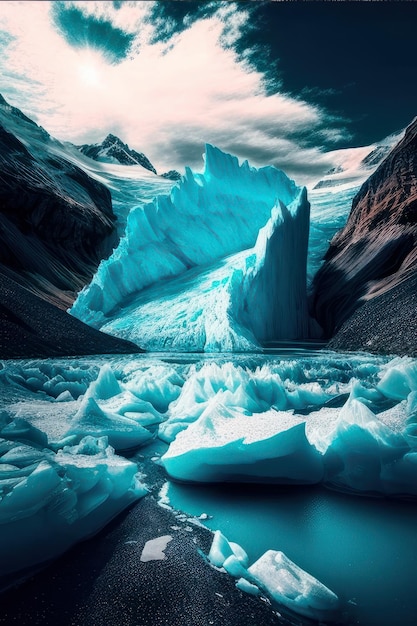 A blue iceberg is floating in the water.