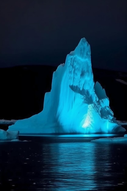 A blue iceberg is lit up with a blue light.