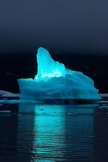 A blue iceberg with a large iceberg in the water.