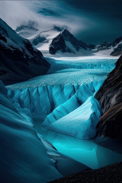 A blue iceberg with a mountain in the background