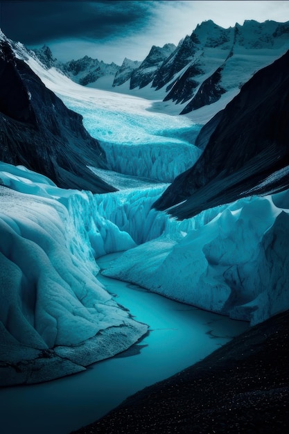 A blue iceberg with a river in the middle