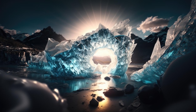 A blue iceberg with the sun shining through it