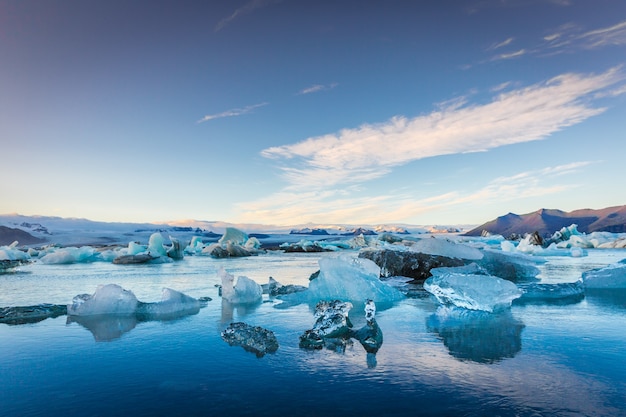 Blue icebergs in Iceland, final sunset time 