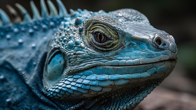 A blue iguana with a green eye