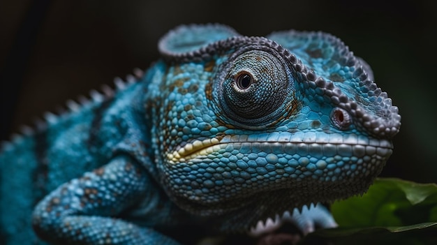 A blue iguana with a green head sits on a branch.