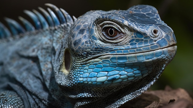 A blue iguana with a red eye