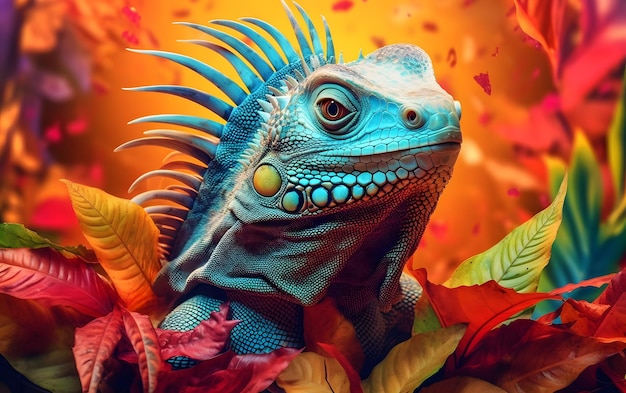 A blue iguana with a red leaf in the background