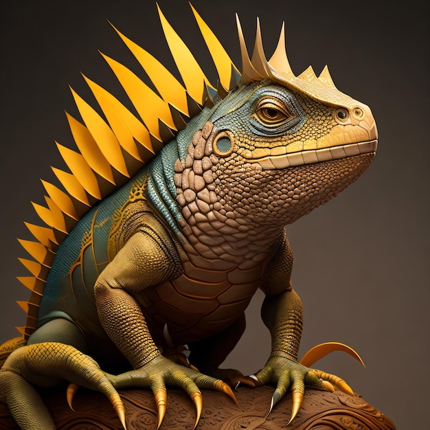 A blue iguana with yellow spikes sits on a sculpture.