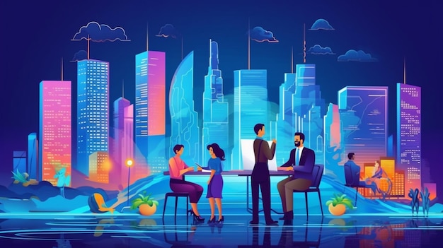 A blue illustration of people working in front of a cityscape.