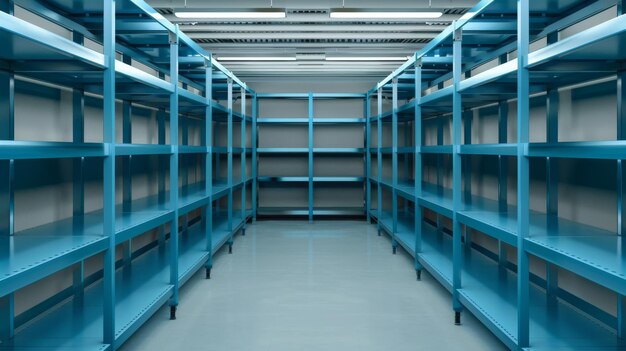 Photo blue industrial shelving units stocked with products