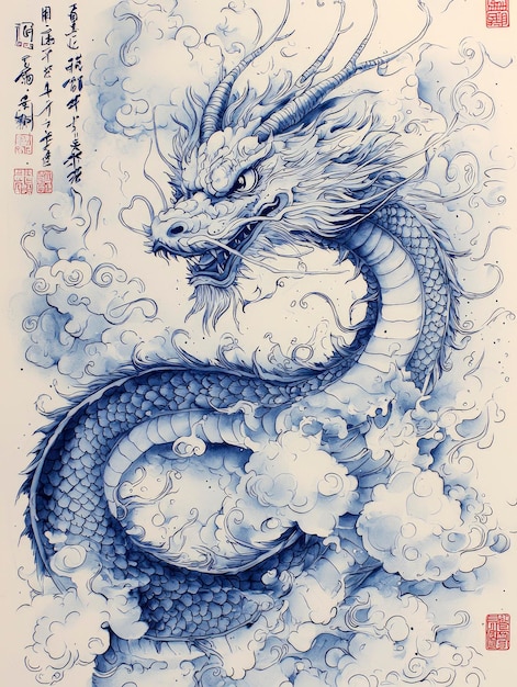 Blue Ink Dragon Tattoo Design