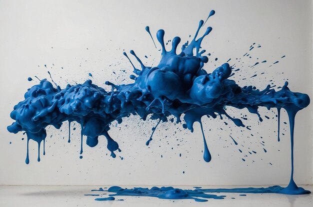 Blue ink splattered on a white wall