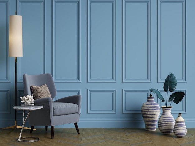 Blue interior conceptClassic furniture in classic interior with copy spaceWalls with ornated mouldingsFloor parquetDigital Illustration3d rendering