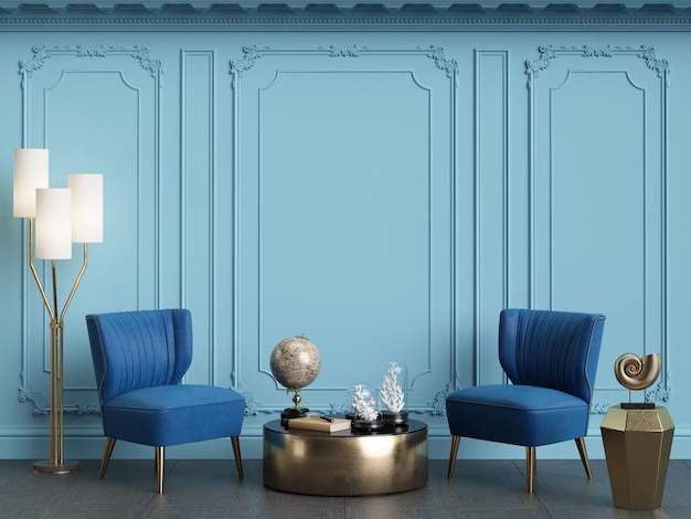 Blue interior conceptClassic furniture in classic interior with copy spaceWalls with ornated mouldingsFloor parquetDigital Illustration3d rendering