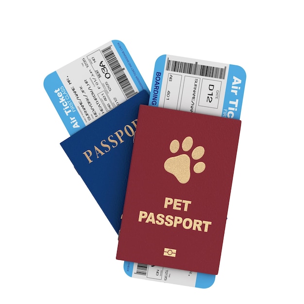 Blue International Passport and Red Pet Passport Document or Dog and Cat Transportation Certificate with Golden Paw on Cover with Flight Boarding Passes Airline Tickets 3d Rendering