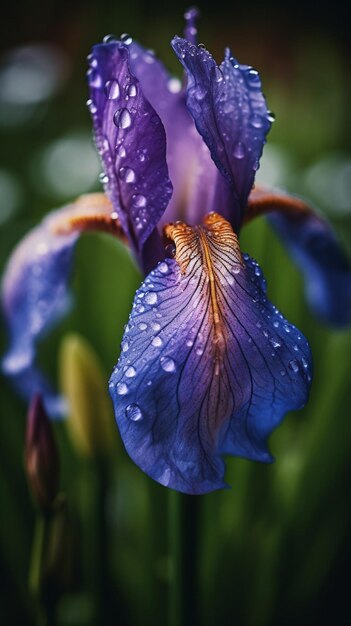 A blue iris with rain drops on it