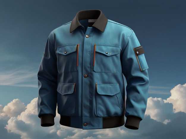 a blue jacket with a brown band on the front and the blue shirt has a blue collar