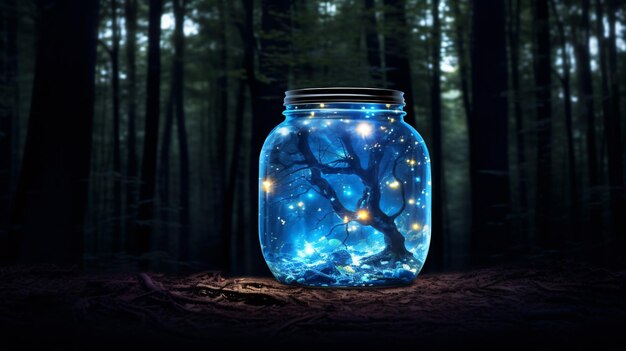 a blue jar with a tree in the middle of it