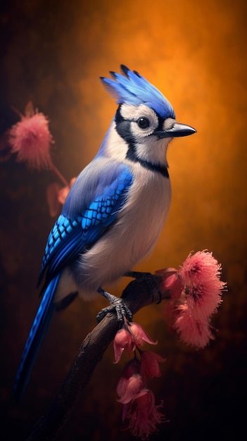 A blue jay is sitting on a tree branch in the style of realistic still lifes with dramatic lighting