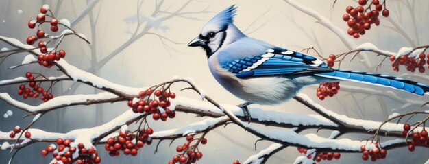 a Blue Jay perched amidst Common Winterberry branches in the winter season