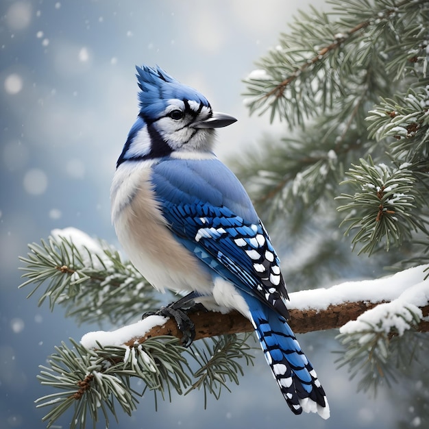 Blue Jay on Snowy Pine Branch