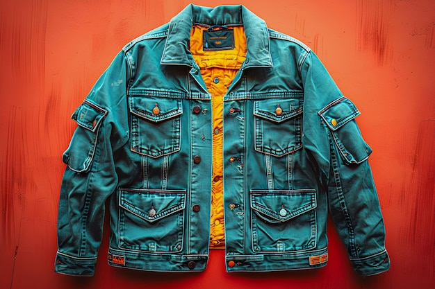 a blue jean jacket with a yellow tag on the front