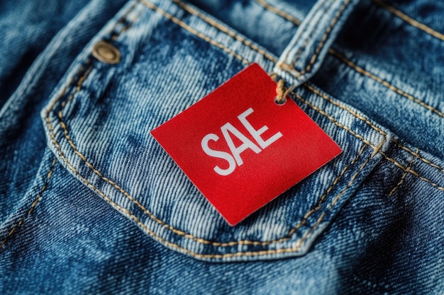 Photo blue jeans with a sale tag closeup seasonal discounts or black friday