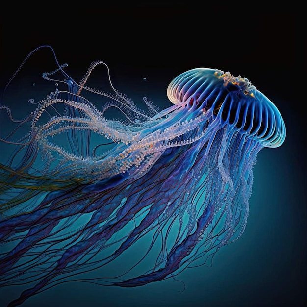 A blue jellyfish is shown in a black background.