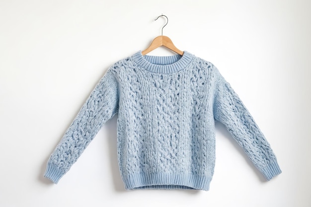 Blue Knit Sweater on Wooden Hanger