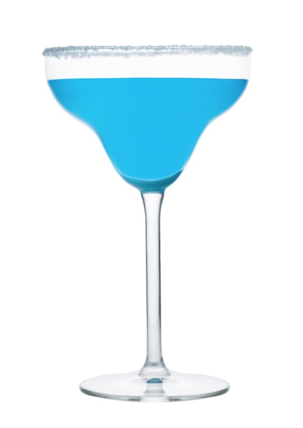 Blue lagoon cocktail with vodka and blue curacao liqueur in margarita glass isolated on white